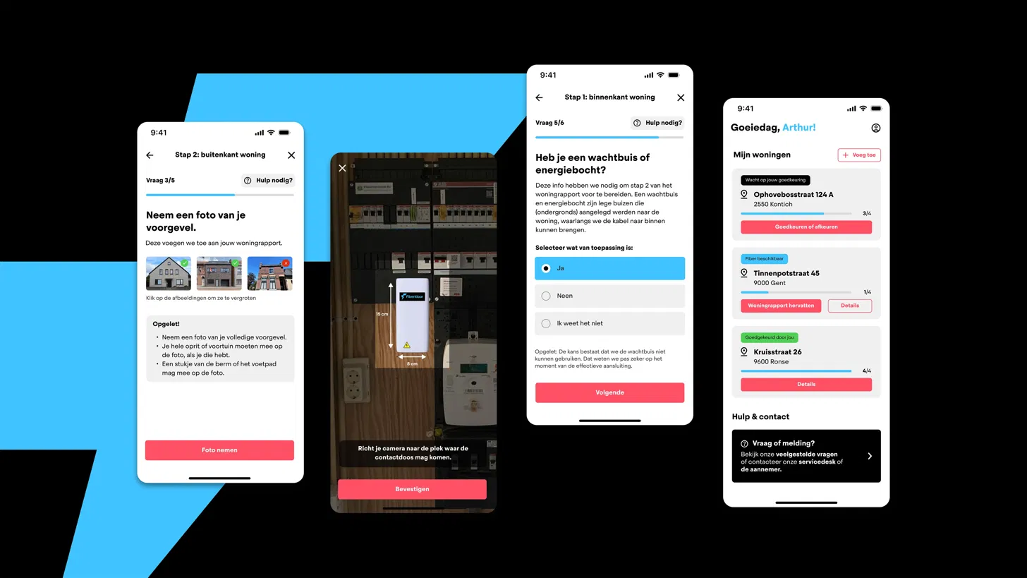 App voor glasvezelopmetingen op vier telefoonschermen, met woning en buurt in beeld