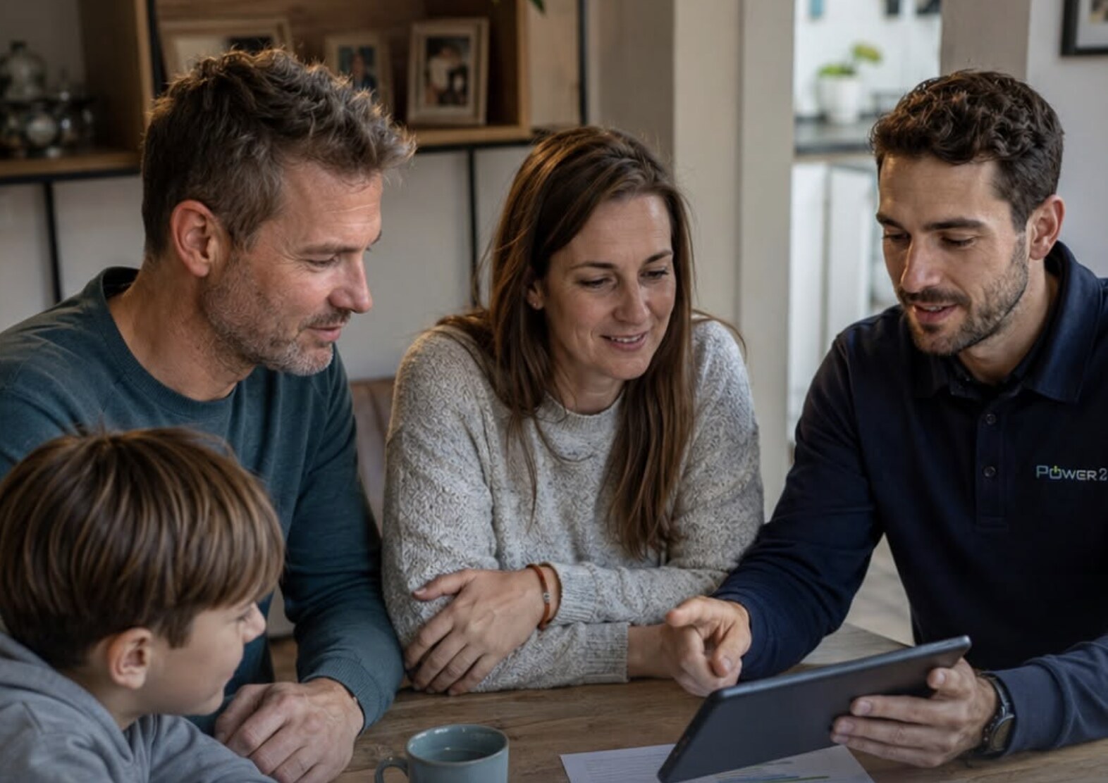 Adviseur van Power2B toont een gezin aan de keukentafel de energiecijfers op een tablet