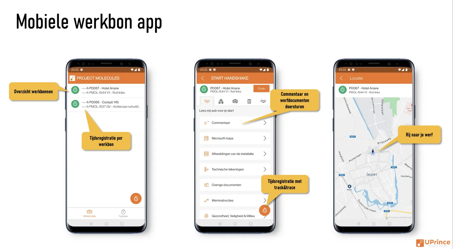 Mobiele werkbon-app van UPrince met overzicht van werkbonnen, tijdsregistratie en route naar de werf